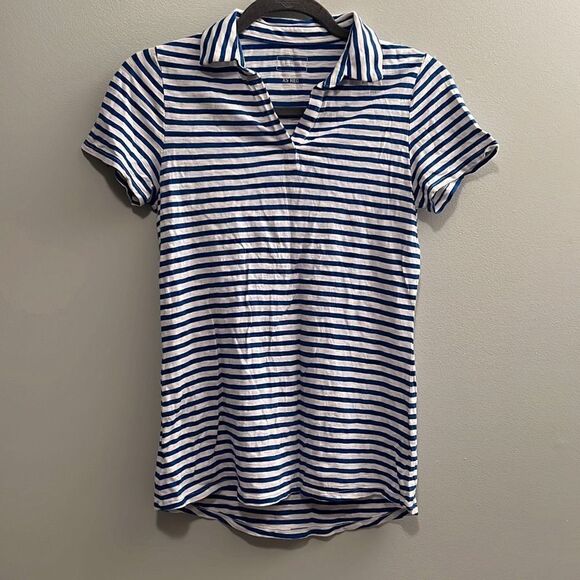 L.L. Bean Blue White Striped Top Polo Collar V-Neck - Picture 1 of 4